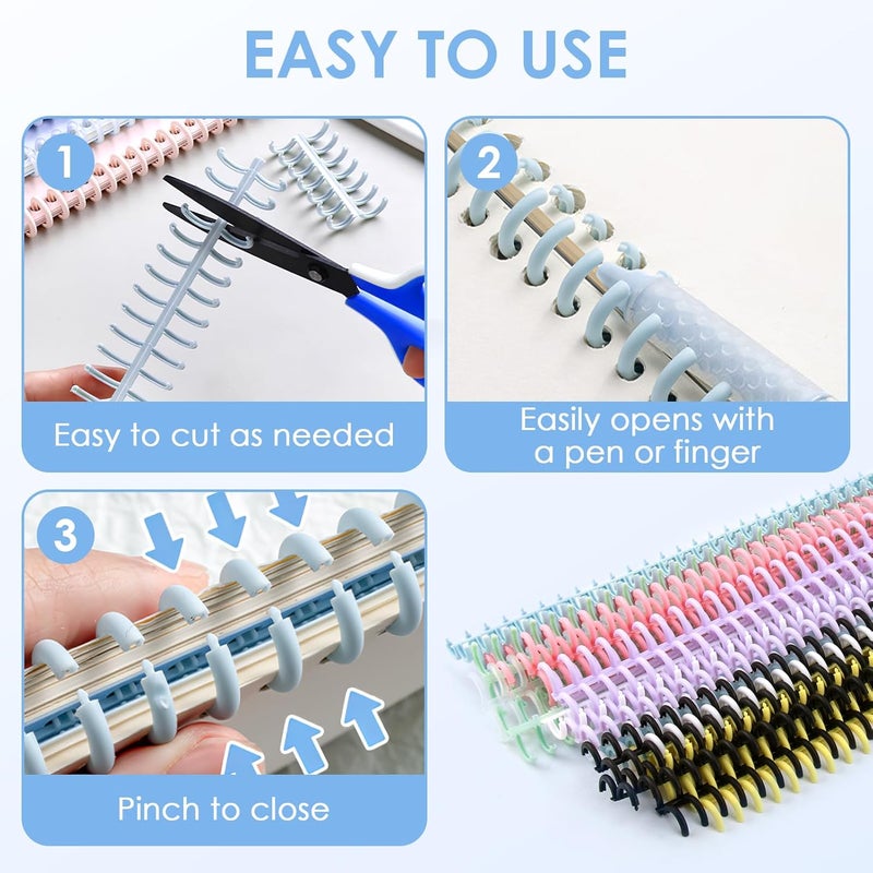 MILake 24 Pcs Comb Binding Spines, Ring Distance 0.35'' Plastic Spiral Coils for Document Binding Compatible with 30-Ring Notebooks, 8 Colors Binder Combs for Students, Office Workers, Collectors - Image 4